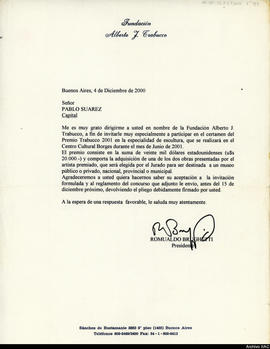 Carta de Romualdo Brughetti, presidente de la Fundación Alberto J. Trabucco, a Pablo Suárez