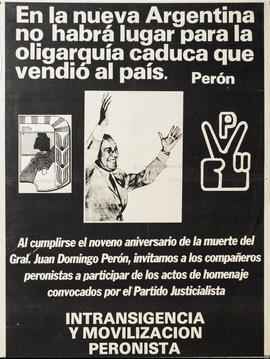Afiche de convocatoria de Intransigencia y Movilización Peronista [9.° aniversario del fallecimiento de Juan Domingo Perón]