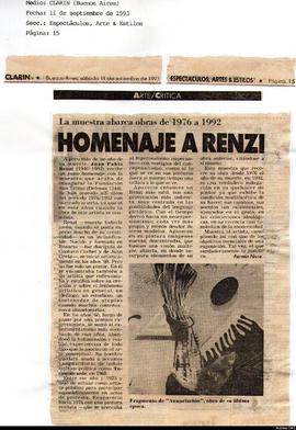 Reseña de Fermín Fèvre titulada &quot;Homenaje a Renzi: la muestra abarca obras de 1976 a 1992&quot;