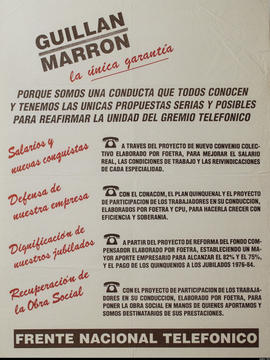 Afiche de campaña electoral del Frente Nacional Telefónico. Lista Marrón &quot;Guillán Marrón : la única garantía&quot;