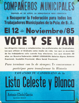 Afiche de campaña electoral de la Federación de Sindicatos de Trabajadores Municipales de la Provincia de Buenos Aires &quot;Compañeros municipales...&quot;