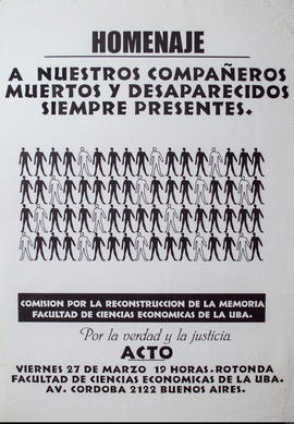 Afiche político de convocatoria de la Comisión por la Reconstrucción de la Memoria de la Facultad...