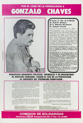 Afiche político de la Comisión de Solidaridad &quot;Por el cese de la persecusión a Gonzalo Chaves&quot;