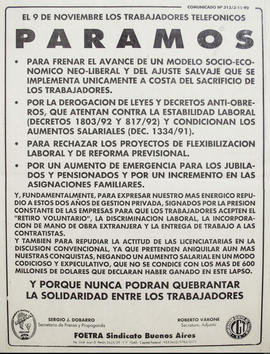 Afiche de convocatoria de la Federación de Obreros y Empleados Telefónicos de la República Argentina &quot;El 9 de noviembre los trabajadores telefónicos paramos&quot;