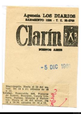 Aviso de exposición del diario Clarín titulado “Suárez, Benedit, García Uriburu, Haloua, Minujín y Puzzovio&quot;
