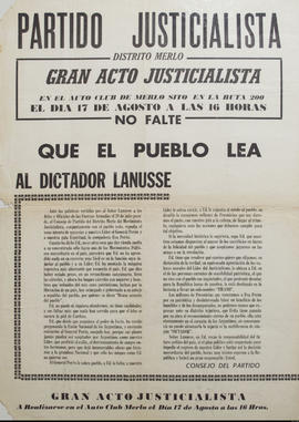 Afiche de convocatoria del Partido Justicialista &quot;Gran acto Justicialista&quot;