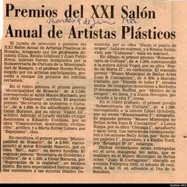 Artículo periodístico titulado &quot;Premios del XXI Salón anual de artistas plásticos&quot;