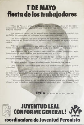 Afiche político conmemorativo de la Juventud Peronista &quot;1° de Mayo : fiesta de los trabajado...