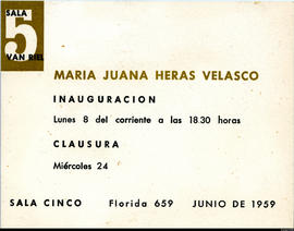 Invitación a la inauguración de la exposición &quot;María Juana Heras Velasco&quot; en Galería Van Riel