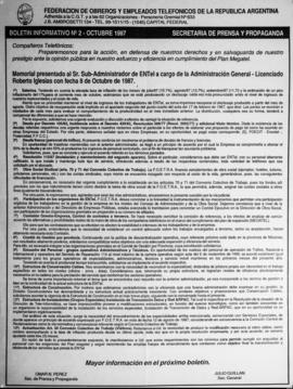 &quot;Boletín Informativo N° 2 - Octubre de 1987&quot; de la Federación de Obreros y Empleados Telefónicos de la República Argentina