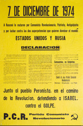 Afiche político del Partido Comunista Revolucionario &quot;7 de diciembre de 1974...&quot;
