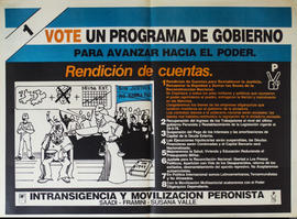 Afiche de campaña electoral de Intransigencia y Movilización Peronista &quot;1. Vote un programa de gobierno para avanzar hacia el poder&quot;