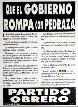 Afiche político del Partido Obrero &quot;Que el gobierno rompa con Pedraza&quot;