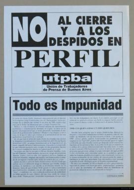 Afiche político de la Unión de Trabajadores de Prensa de Buenos Aires &quot;No al cierre y a los despidos en Perfil&quot;