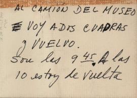 Nota manuscrita de Pablo Suárez [aviso de ausencia momentánea al personal de traslado de un Museo]