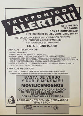 Afiche político de convocatoria de la Agrupación Telefónica Renovadora Eva Perón &quot;Telefónicos alerta!!!&quot;