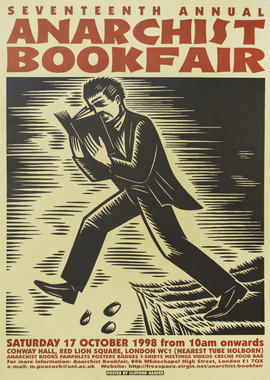 Afiche promocional de Anarchist Bookfair &quot;Seventeenth annual Anarchist bookfair = Decimoséptima feria anual del libro anarquista&quot;