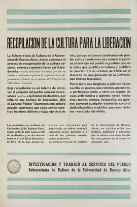 Afiche político de convocatoria de la Subsecretaría de Cultura de la Universidad de Buenos Aires &quot;Recopilación de la cultura para la liberación&quot;