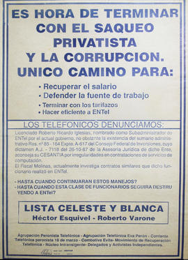 Afiche de campaña electoral de FOETRA &quot;Lista Celeste y Blanca. Héctor Esquivel - Roberto Varone&quot;