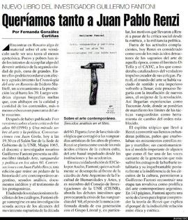 Reseña de Fernanda González Cortiña titulada &quot;Queríamos tanto a Juan Pablo Renzi: nuevo libr...