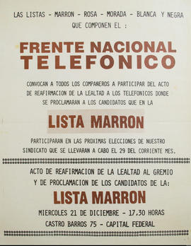 Afiche político de convocatoria del Frente Nacional Telefónico &quot;Acto de reafirmación de leal...