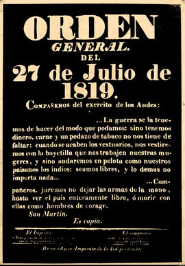 Afiche político &quot;Orden General del 27 de Julio de 1819&quot;