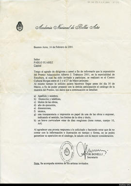 Carta de la Academia Nacional de Bellas Artes a Pablo Suárez