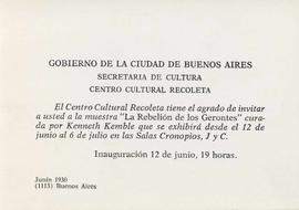 Invitación a la inauguración de la exposición &quot;La rebelión de los gerontes&quot; realizada en el Centro Cultural Recoleta