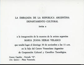 Tarjeta de invitación a la inauguración de la exposición &quot;Heras Velasco&quot; realizada en el Centro Venezolano-Argentino de Cooperación Cultural y Científico Tecnológica.