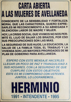 Afiche de Herminio Iglesias &quot;Carta abierta a las mujeres de Avellaneda&quot;