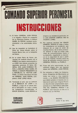 Afiche político informativo del Comando Superior Peronista &quot;Instrucciones&quot;
