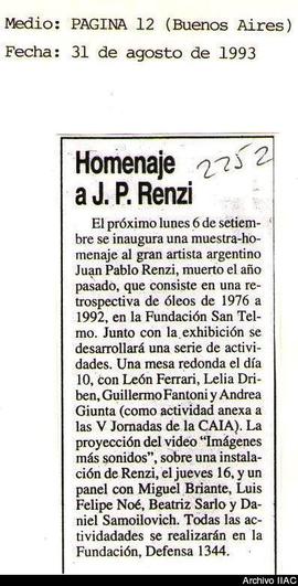 Aviso de exposición del diario Página 12 titulado &quot;Homenaje a J.P. Renzi&quot; (copia)