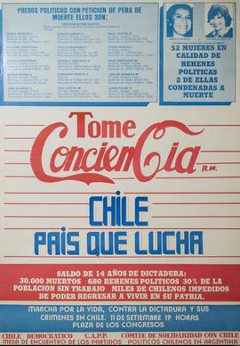 Afiche político de convocatoria del Comité de Solidaridad con Chile &quot;Tome ConcienCia R.M. : Chile país que lucha&quot;
