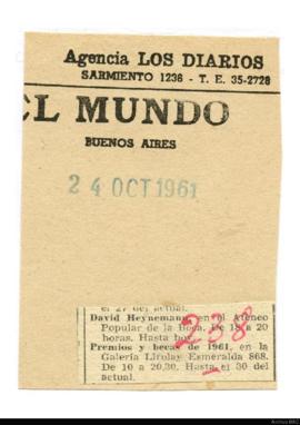 Aviso de exposición del diario El Mundo titulado “Premios y becas de 1961&quot;, 1961, octubre 24-31, Buenos Aires&quot;