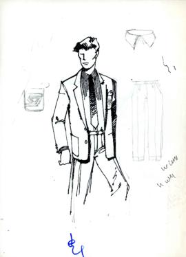 Boceto para pieza gráfica [figura humana masculina y prendas de vestir]