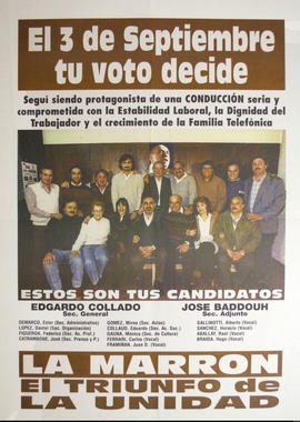 Afiche de campaña electoral del Frente de Unidad Telefónica. Lista Marrón &quot;El 3 de septiembre tu voto decide&quot;