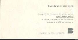 Invitación a la inauguración de la exposición de Juan Pablo Renzi en Galería Balmaceda