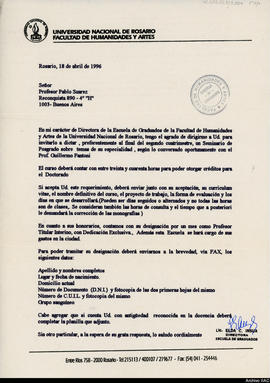 Carta de Elda C. Insua, Directora de la Escuela de Graduados de la Facultad de Humanidades y Artes de la Universidad Nacional de Rosario, a Pablo Suárez