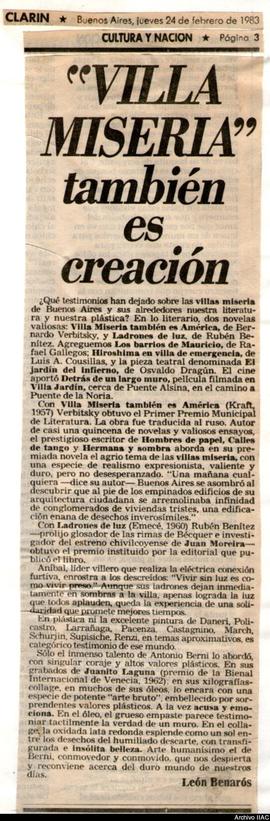 Artículo periodístico de León Benarós titulado &quot;Villa Miseria&quot; también es creación&quot;