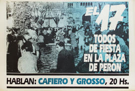 Afiche de convocatoria del Partido Justicialista &quot;El 17 todos de fiesta en la plaza de Perón...