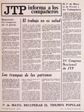 Boletín informativo de la Juventud de Trabajadores Peronistas &quot;JTP informa a los compañeros&...