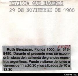 Aviso de exposición de la revista Qué Hacemos titulado &quot;Ruth Benzacar&quot;