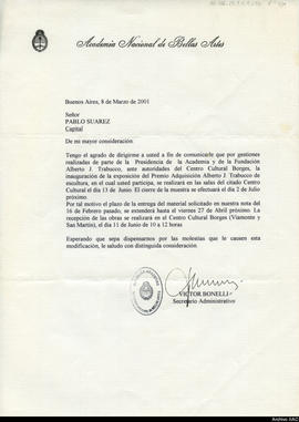 Carta de la Academia Nacional de Bellas Artes a Pablo Suárez