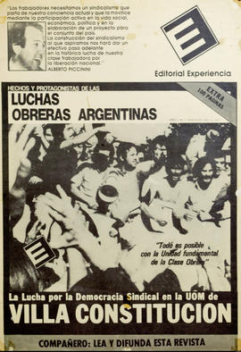 Afiche promocional de la Revista &quot;Hechos y protagonistas de las luchas obreras argentinas&quot; Año II. No. 7. Marzo de 1985 de la Editorial Experiencia