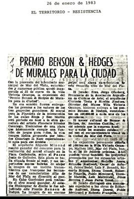 Artículo periodístico del diario El Territorio titulado &quot;Premio Benson and Hedges de murales...