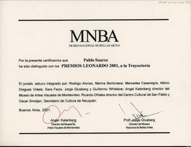 Certificado del &quot;Premio Leonardo 2001, a la Trayectoria&quot; otorgado a Pablo Suárez