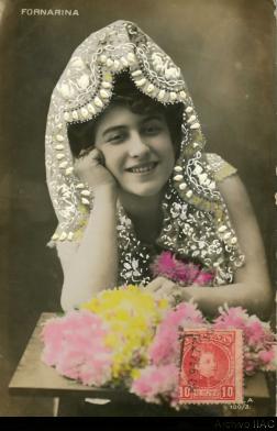 Tarjeta postal de Modesto Marroni a Amalia Part Rodó con retrato de &quot;Fornarina&quot;