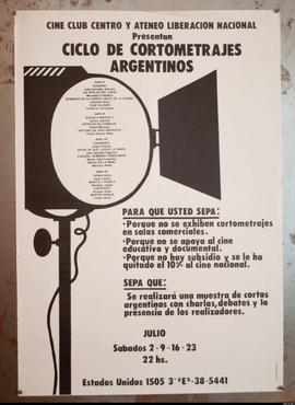 Afiche promocional del Cine Club Centro &quot;Ciclo de cortometrajes argentinos&quot;