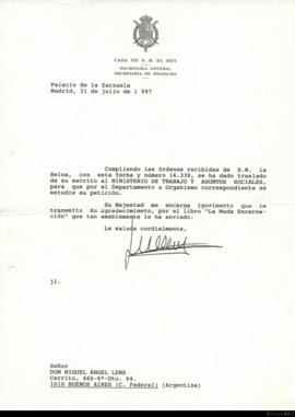 Carta de la Casa de S.M. el Rey a Miguel Ángel Lens