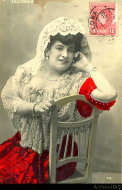 Tarjeta postal de Juan M. Part a Filomena Rodó de Part con retrato de &quot;Carmen La Tarifeña&quot;